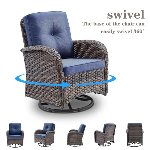 Patio Wicker Chairs Swivel Rocker - Outdoor Swivel Rocking Chairs Set of 2 with Rattan Side Table, Patio Swivel Glider Chair 3 Piece Patio Furniture Sets for Deck Porch Pool Brown/Blue