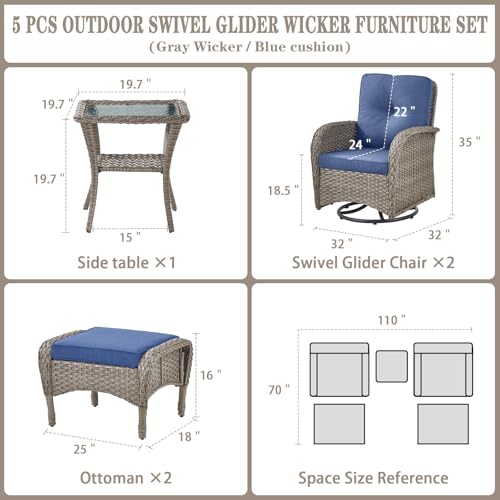 Patio Wicker Chairs Swivel Rocker - Outdoor Swivel Rocking Chairs Set of 2 with Rattan Side Table, Patio Swivel Glider Chair 3 Piece Patio Furniture Sets for Deck Porch Pool Brown/Blue