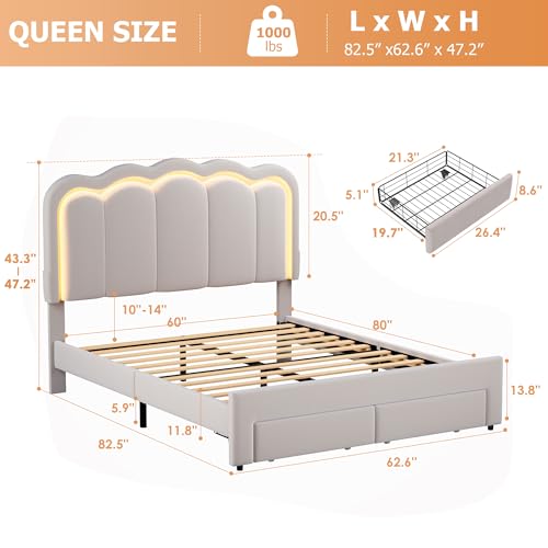 Twin Upholstered LED Bed Frame with Storage Drawer and Adjustable Chic Double Wavy Headboard, Velvet Princess Platform Bed for Kids/Girls, Solid Wood Slats Support, No Box Spring Needed, Beige