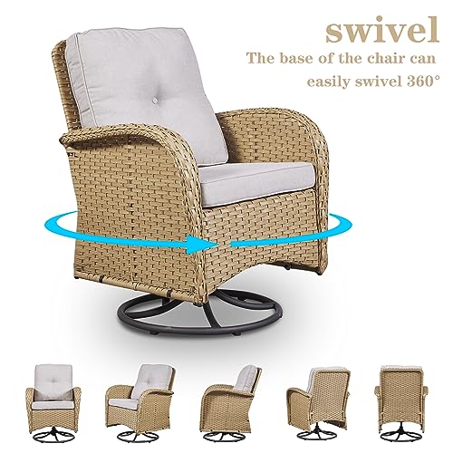 Patio Wicker Chairs Swivel Rocker - Outdoor Swivel Rocking Chairs Set of 2 with Rattan Side Table, Patio Swivel Glider Chair 3 Piece Patio Furniture Sets for Deck Porch Pool Brown/Blue