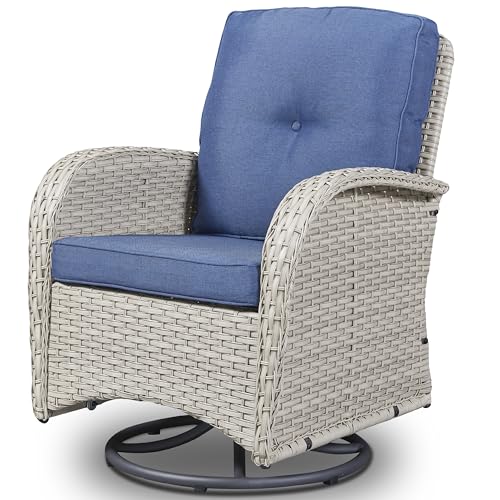 Patio Wicker Chairs Swivel Rocker - Outdoor Swivel Rocking Chairs Set of 2 with Rattan Side Table, Patio Swivel Glider Chair 3 Piece Patio Furniture Sets for Deck Porch Pool Brown/Blue