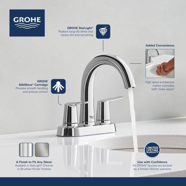 Grohe Veletto 4 in. Centerset 2-Handle High-Spout Bathroom Faucet in Starlight Chrome 20582000
