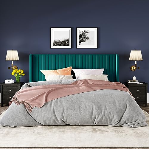 Allewie Queen Size Velvet Bed Frame/Vertical Channel Tufted Wingback Headboard/Upholstered Platform Bed/Strong Wooden Slats/No Box Spring Needed/Easy Assembly/Black