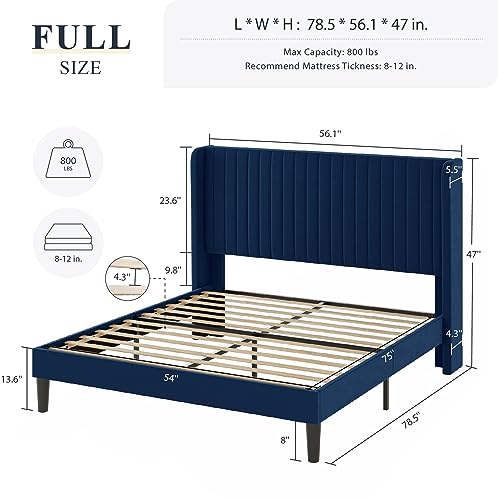 Allewie Queen Size Velvet Bed Frame/Vertical Channel Tufted Wingback Headboard/Upholstered Platform Bed/Strong Wooden Slats/No Box Spring Needed/Easy Assembly/Black