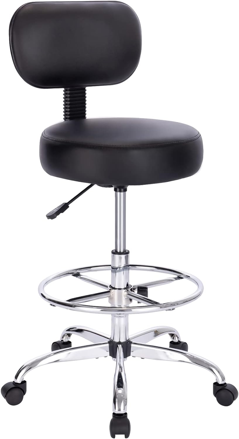 SUPERJARE Drafting Chair with Back, Adjustable Foot Rest Rolling Stool, Multi-Purpose Office Desk Chair, Thick Seat Cushion for Home Bar Kitchen Shop - Black