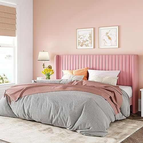 Allewie Queen Size Velvet Bed Frame/Vertical Channel Tufted Wingback Headboard/Upholstered Platform Bed/Strong Wooden Slats/No Box Spring Needed/Easy Assembly/Black