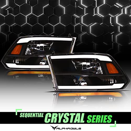 Alpha Owls 8710401 Crystal Headlights With Switchback Sequential LED Light Bar & Startup Light - Black Amber Fits 2009-2018 Dodge Ram 1500 2500 3500/2019-2023 Classic Halogen Models