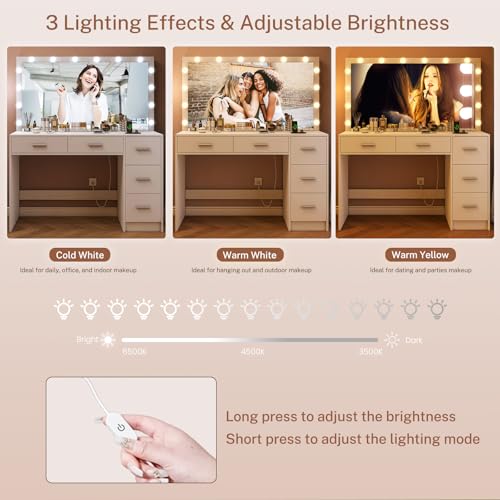 Makeup Vanity Desk with Mirror, 10 Lights, 5 Drawers, 3 Storage Shelves, 3 Color Modes & Adjustable Brightness Dressing Table, 35.4?? Desk, Black