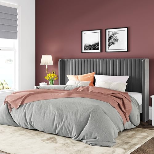 Allewie Queen Size Velvet Bed Frame/Vertical Channel Tufted Wingback Headboard/Upholstered Platform Bed/Strong Wooden Slats/No Box Spring Needed/Easy Assembly/Black