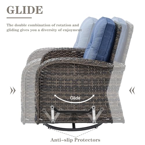 Patio Wicker Chairs Swivel Rocker - Outdoor Swivel Rocking Chairs Set of 2 with Rattan Side Table, Patio Swivel Glider Chair 3 Piece Patio Furniture Sets for Deck Porch Pool Brown/Blue