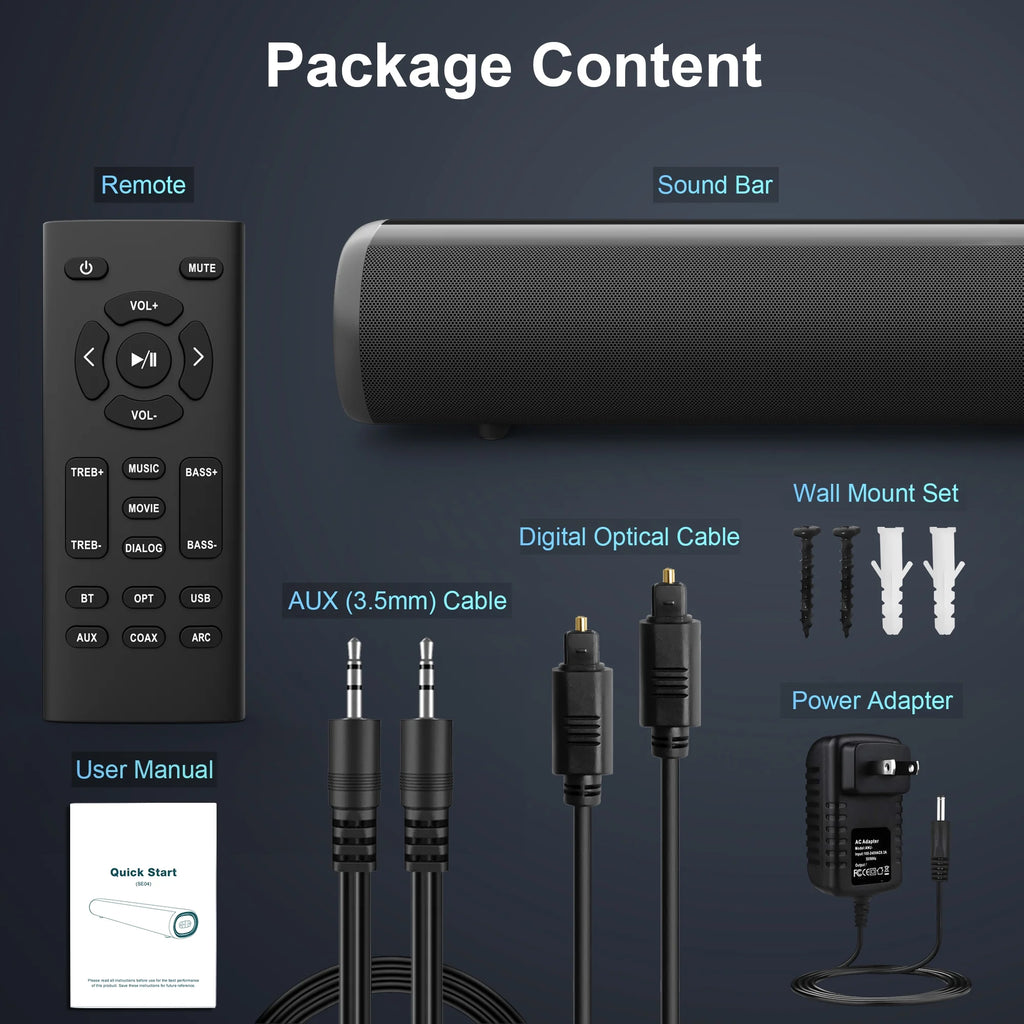 Sound Bar for TV, Bluetooth 5.0/HDMI-ARC/Optical/AUX/Coaxial/USB Wired & Wireless Connection Soundbar, Surround Sound System Smart TV Sound Bar with Built-in Subwoofers, Remote Control
