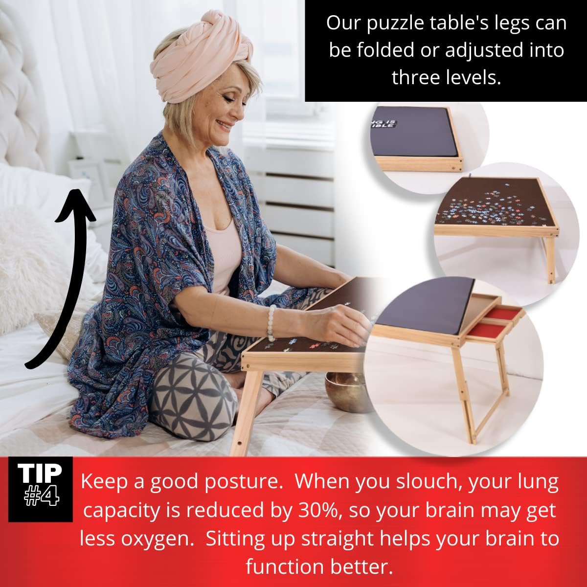 Large Wooden Puzzle Table Fits 1500 Pieces, Portable Jigsaw Puzzle Board with Four Non Slip Drawers, Adjustable and Foldable Legs, Protective Rubber Mat Cover - by AGREATLIFE