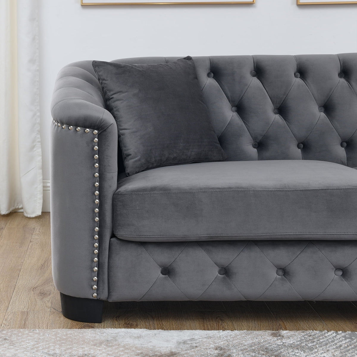 77-Inch Modern Chesterfield Velvet Sofa, 3-Seater Sofa, Upholstered Tufted Backrests with Nailhead Arms and 2 Cushions for Living Room, Bedroom, Apartment, Office (Grey)