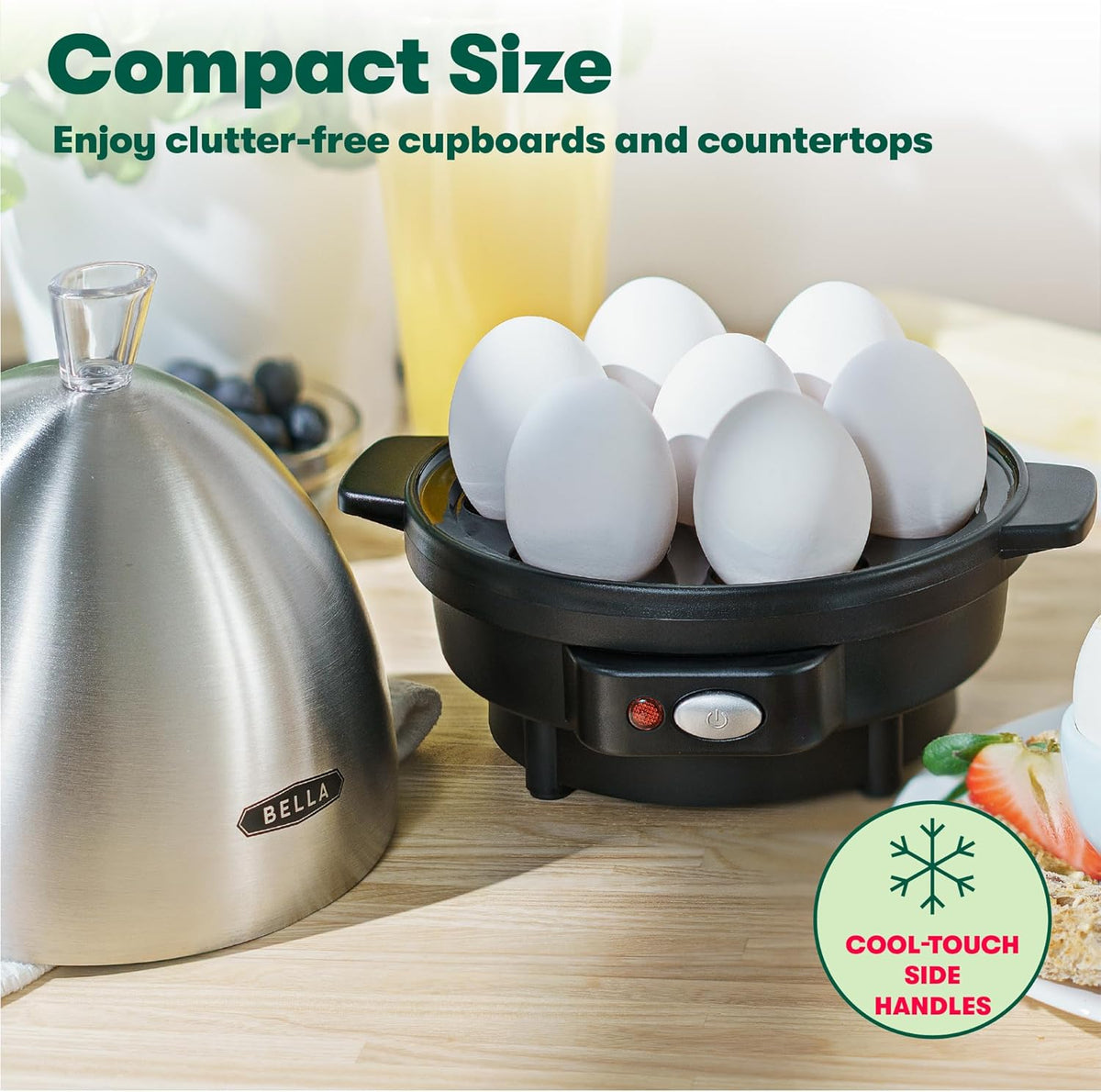 BELLA Rapid Electric Egg Cooker and Omelet Maker with Auto Shut Off, for Easy to Peel, Poached Eggs, Soft, Medium and Hard-Boiled Eggs, 7 Egg Capacity Tray, Single Tier, Black & Steel