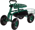 Sunnydaze Garden Cart Rolling Scooter with Extendable Steer Handle?? Swivel Seat and Utility Tool Tray?? Green