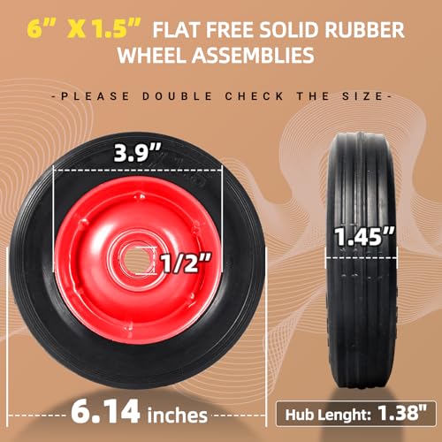 (2-Pack) AR-PRO 6?? x 1.5?? Flat Free Solid Rubber Wheel Assemblies - Replacement Hand Truck Wheels with Ball Bearings and 5/8?? Bore Hole Diameter - Heavy-Duty Solid Rubber Wheels 132 lbs Load Capacity