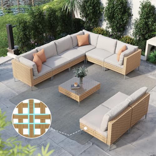Grand patio 7-Piece Wicker Patio Furniture Set, Boho Outdoor Conversation Set Sectional Sofa with Water Resistant Thick Cushions and Coffee Table, Cream