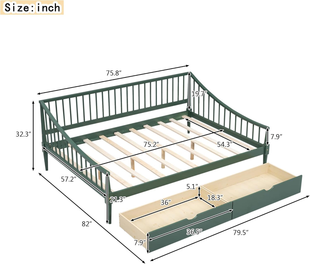Full Size Wooden Daybed with 2 Storage Drawers and Wood Support Legs, Multi-Functional Full Day Bed wtih Rails on 3 Sides for Bedroom, Living Room and Guestroom, Green