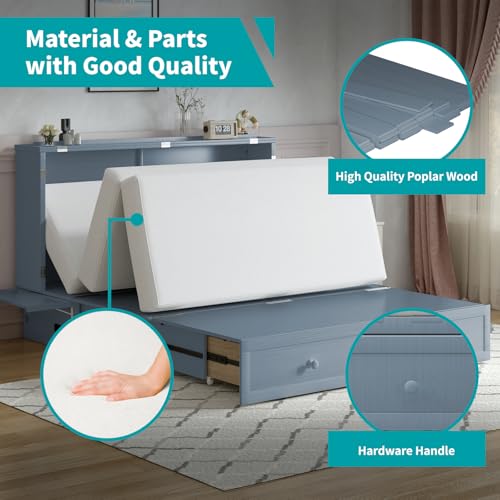 BALUS Murphy Bed Cabinet,Queen Murphy Bed with Tri-fold Mattress & USB Charging Station,Modern Wall Chest Beds with Folding Night Stand Trays and Storage Drawers for Bedroom Living Room,Grey-Blue