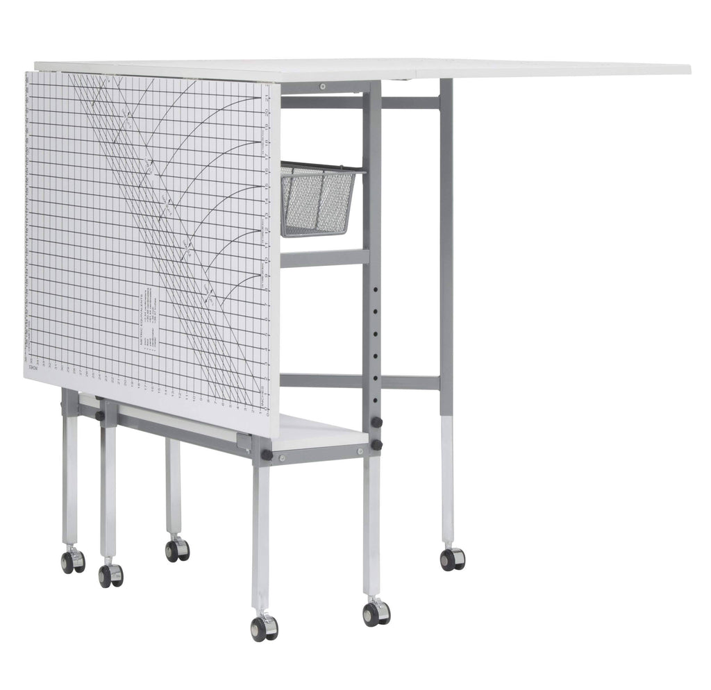 Sew Ready Mobile Folding Height Adjustable Quilting Fabric Cutting Table with Sewing Board Grid and Storage in Silver/White Top