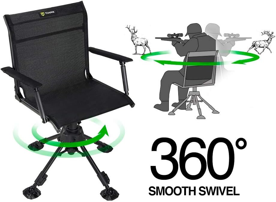 TIDEWE Hunting Chair with Seat Cover, 360 Degree Silent Swivel Blind Folding Chair, 4 Legs Adjustable Height Hunting Seats with Armrest, Portable Comfortable Stable Ground Hunting Chair