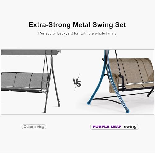 PURPLE LEAF 3-Seat Deluxe Outdoor Patio Porch Swing with Weather Resistant Steel Frame, Adjustable Tilt Canopy, Beige