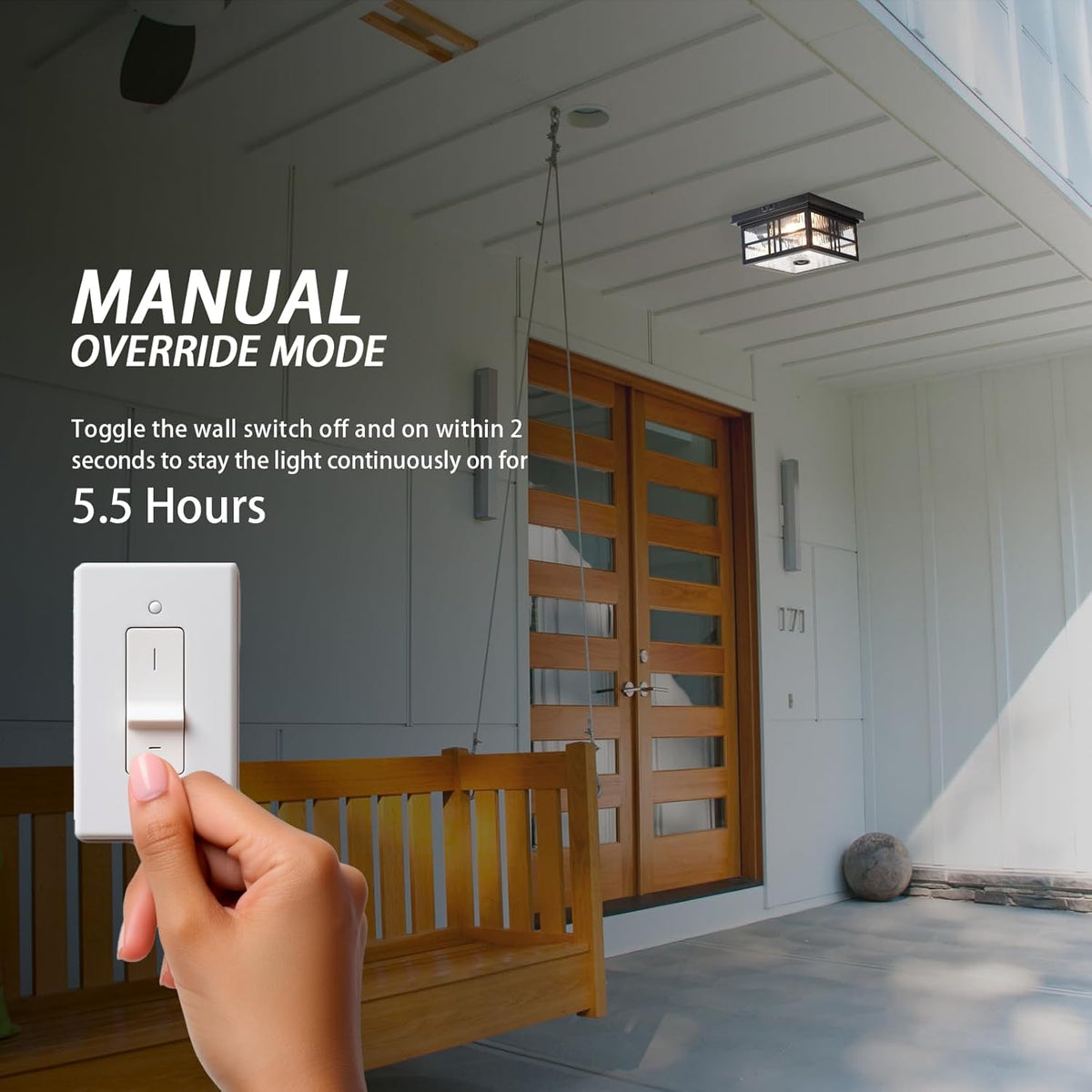 Industrial Motion Sensor Outdoor Flush Mount Ceiling Light, Water Ripple Glass Square Black 2-Light Ceiling Lamp for Porch, Entryway, and Garage, Timer and Sensitivity Adjustable
