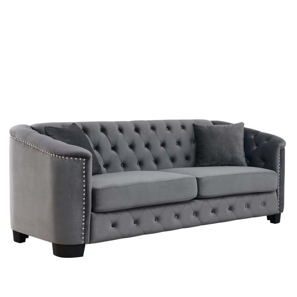 77-Inch Modern Chesterfield Velvet Sofa, 3-Seater Sofa, Upholstered Tufted Backrests with Nailhead Arms and 2 Cushions for Living Room, Bedroom, Apartment, Office (Grey)