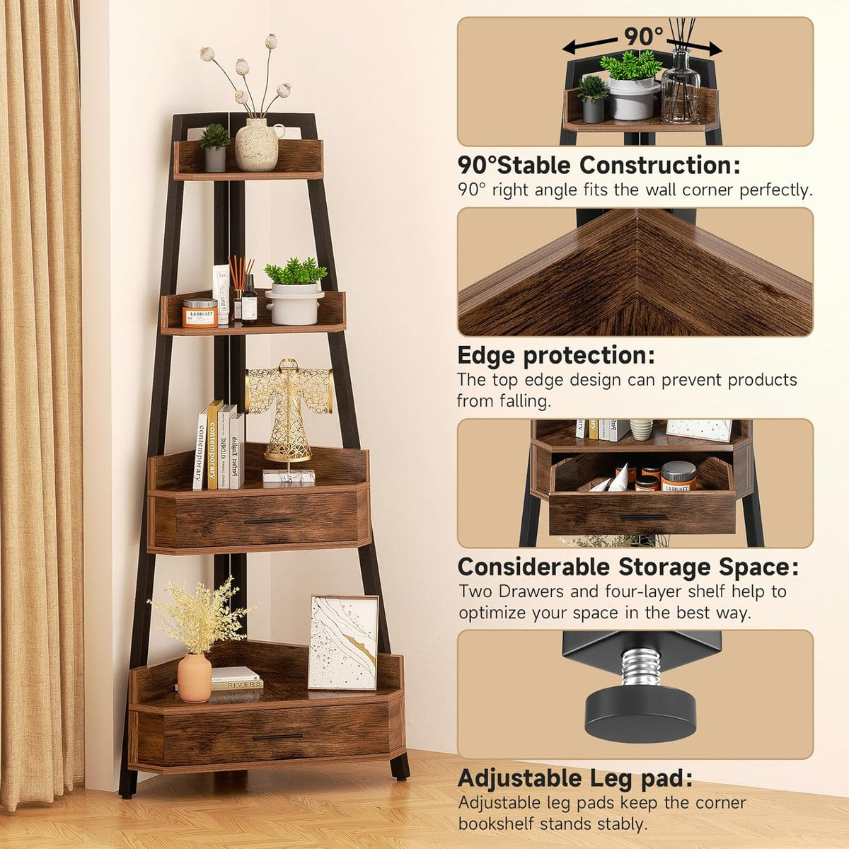 Elsie&Mi 55.1 Inch Tall Corner Shelf, 4-Tire 2 Drawers Corner Cabinet, Storage Rack for Living Room, Office, Kitchen, Basement, Bedroom, Rustic Brown