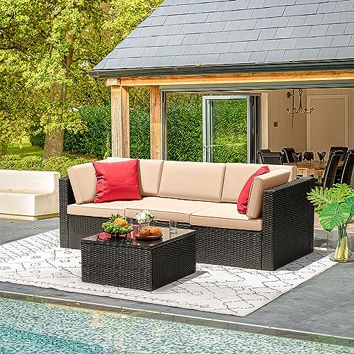 Devoko Patio Furniture Sets 6 Pieces Outdoor Sectional Rattan Sofa Manual Weaving Wicker Patio Conversation Set with Glass Table and Cushion (Beige)