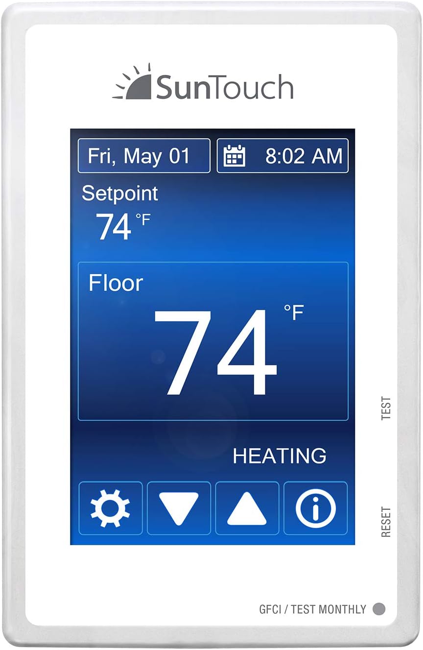 SunTouch Command Touchscreen Programmable Thermostat [universal] Model 500850 (low-profile, user-friendly floor heat control, 120/240V, bright white + paintable beauty ring) includes floor sensor