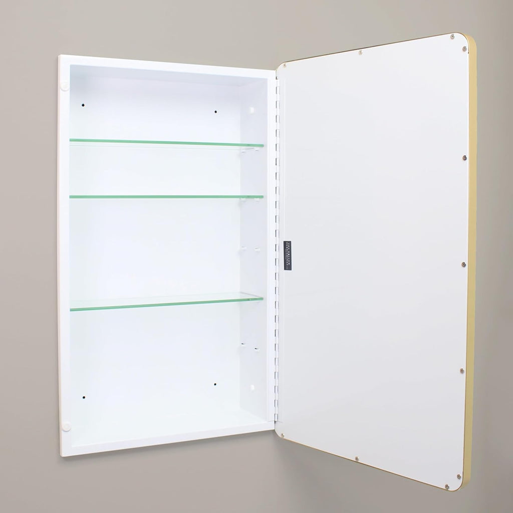 16x20 Austin Farmhouse Metal Framed Rounded Rectangle Recessed Bathroom Medicine Cabinet, Beveled Mirror, 14x18 in-Wall Opening, powder-coated Steel, Glass Shelves, Magnet Close, Brushed Nickel