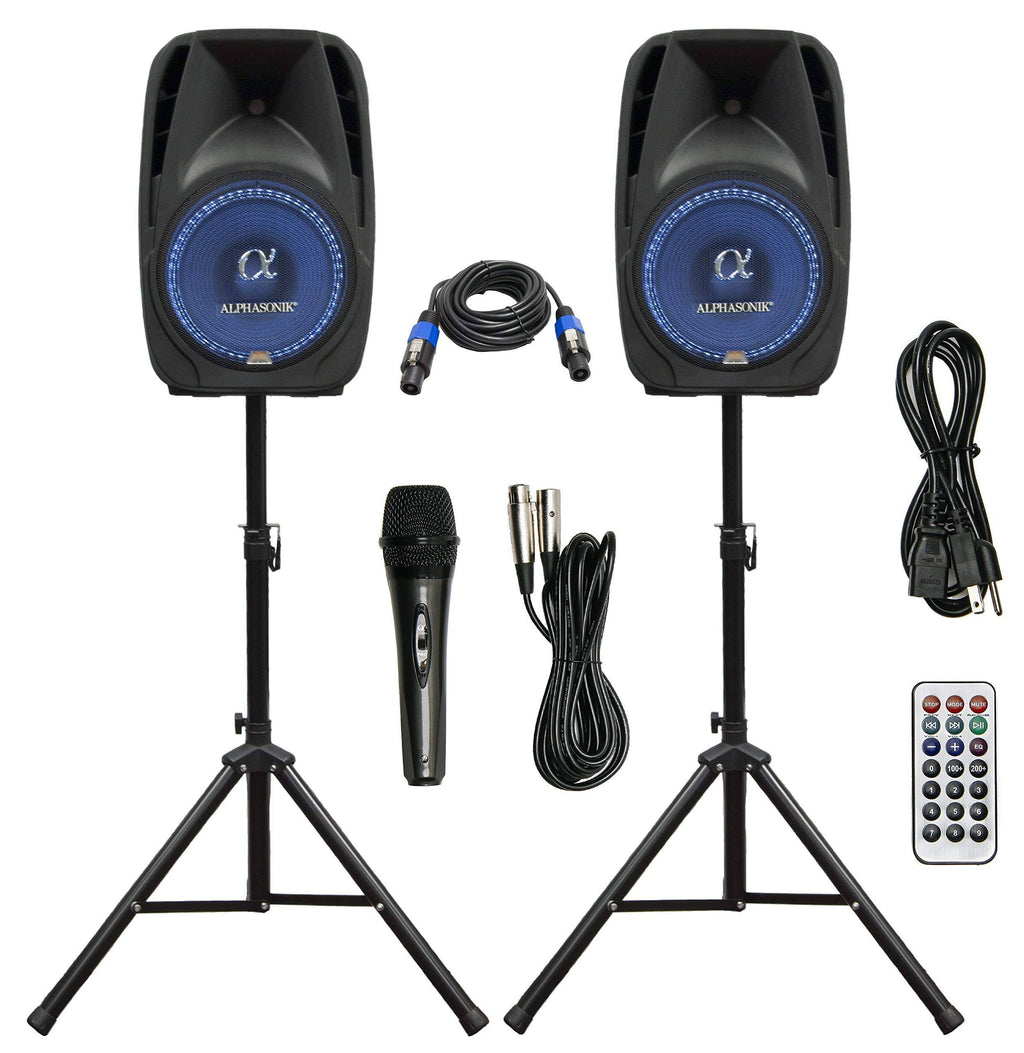 Pair Alphasonik All-in-One 12x22 Powered 1500W Pro DJ Amplified Loud Speakers with Bluetooth USB SD Card Aux MP3 FM Radio PA Sys