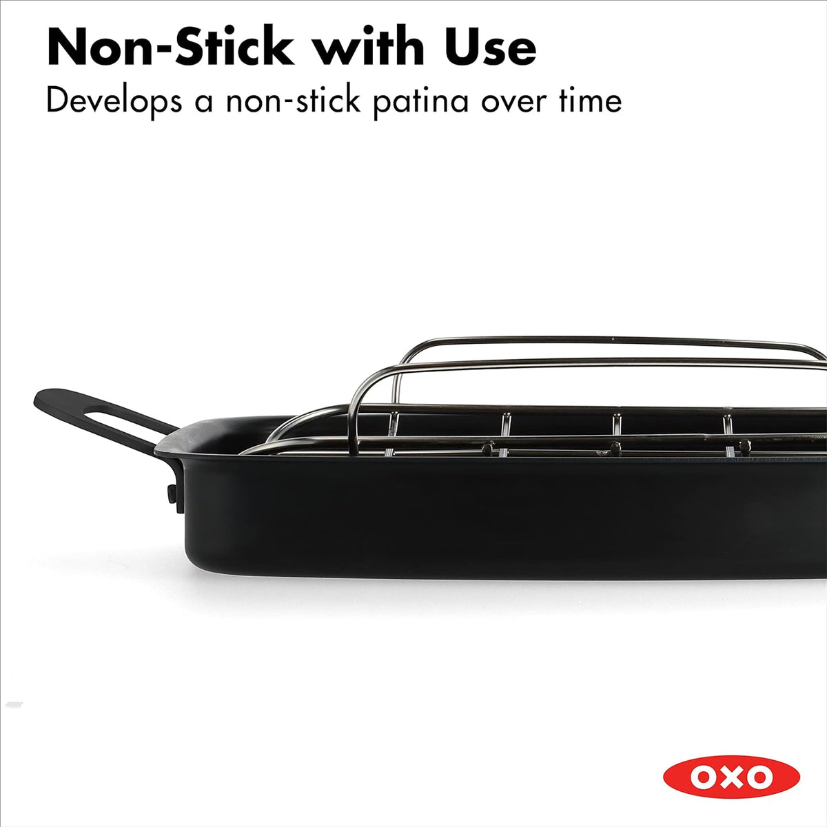 OXO Obsidian Pre-Seasoned Carbon Steel, 12 Wok Pan with Removable Silicone Handle Holder, Induction, Oven Safe, Black