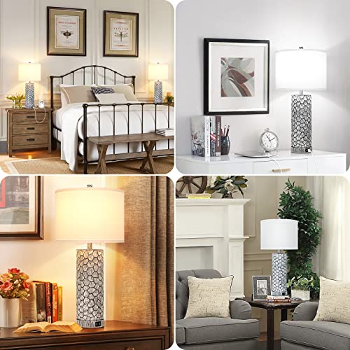 Brightever Table Lamp for Living Room - Touch Lamps Set of 2 with Dual USB Charging Ports, 3-Way Dimmable Farmhouse Lamps for Nightstands, Rustic Bedside Lamp for End Tables, 2 A19 LED Bulbs Included