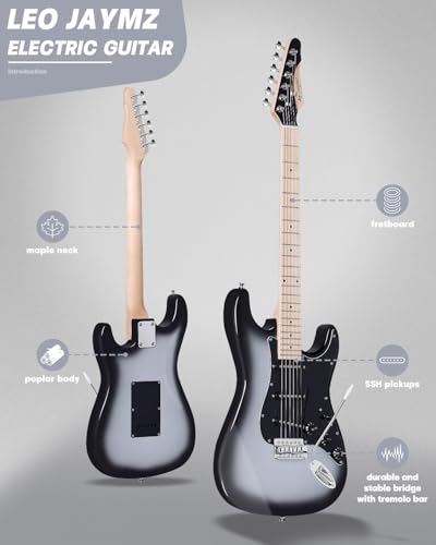 Leo Jaymz 39 Full Size ST Style Electric Guitar Starter Kit with SSH Pickup, 5W Portable Amp, Tuner, Gig Bag, Strap & Accessories (Violet Ocean)