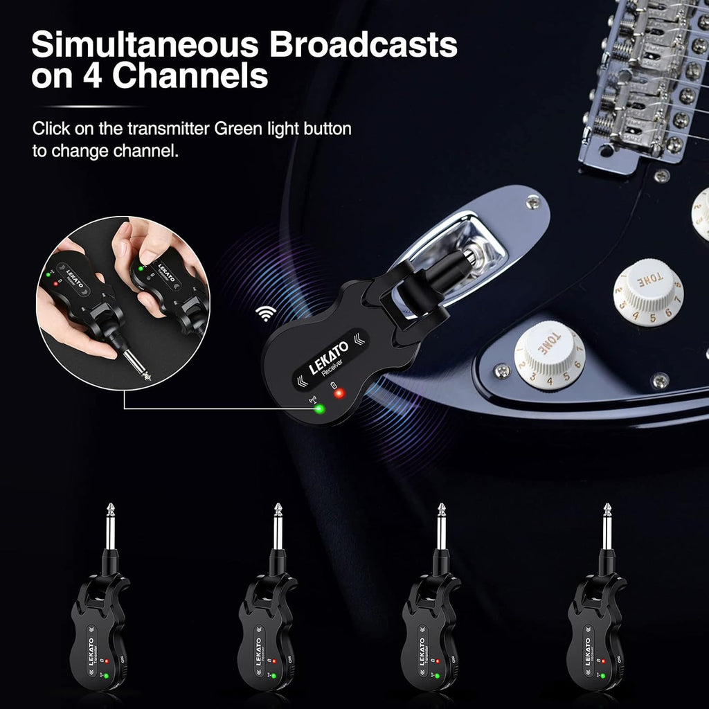 LEKATO 5.8Ghz Wireless Guitar System 4 Channels Audio Digital Guitar Transmitter Receiver 300 Feet Transmission Range