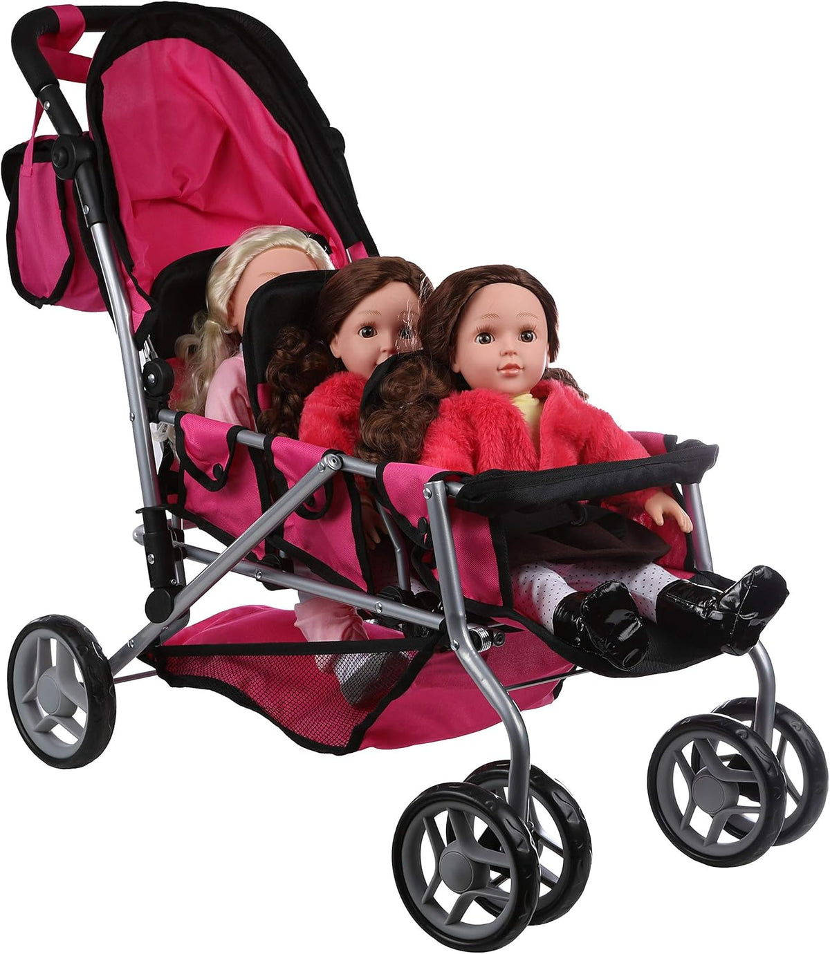 Mommy & Me Triplet Doll Pram Back to Back with Swiveling Wheels & Free Carriage Bag - 9668A