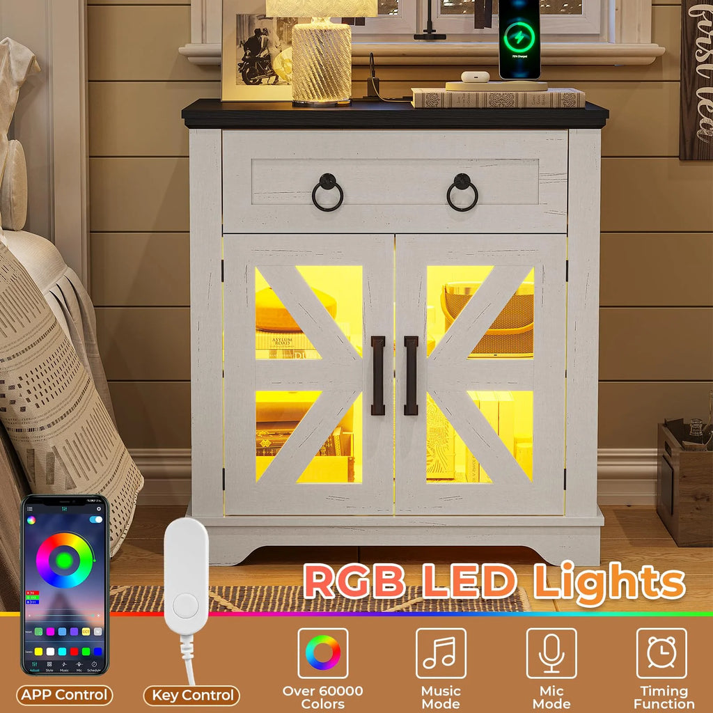 Farmhouse End Table with Charging Station, Side Table with LED Lights, White Night Stand for Living Room, Bedroom