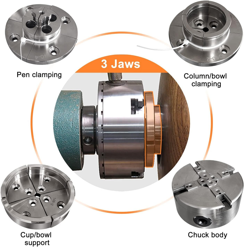 4 Inch Wood Lathe Chuck Set 1 x 8 tpi, Self Centering 4 Jaw Wood Turning Chuck