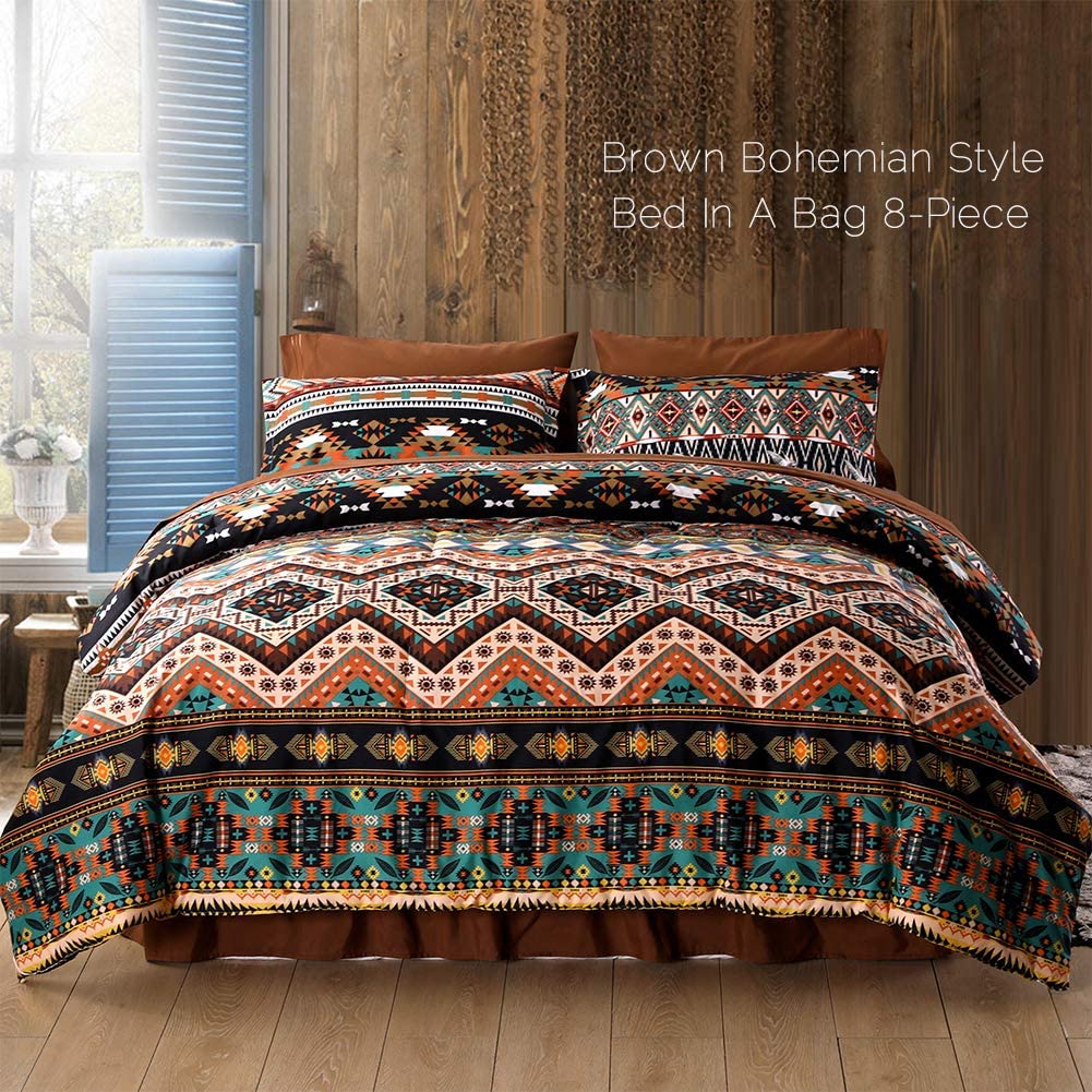 SexyTown Boho Comforter Set Queen Bed in A Bag 8 Piece Deep Pocket with Bed Skirt,Bohemian Tribal Southwestern Bedding Down Comforter(1 Comforter,4 Pillow Cases,Flat Sheet,Fitted Sheet,1 Bed Skirt)