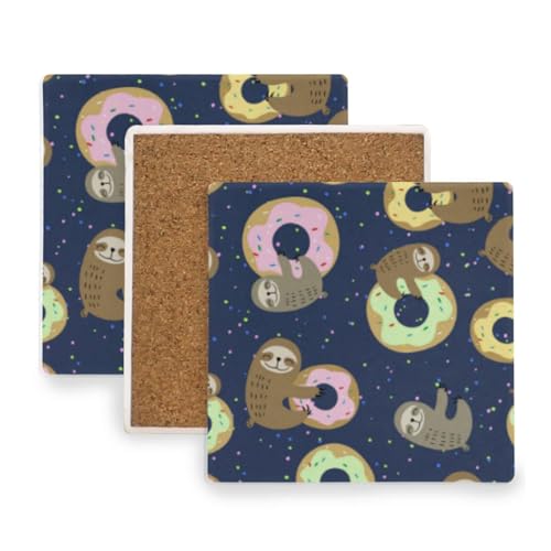 Donut Sloth Square Coasters for Drinks 4 Packs, Absorbent Heat-Resistant Ceramic Stone Coaster Desktop Protector with Cork Base for Kitchen Bar Home Decor, 3.9 Inch