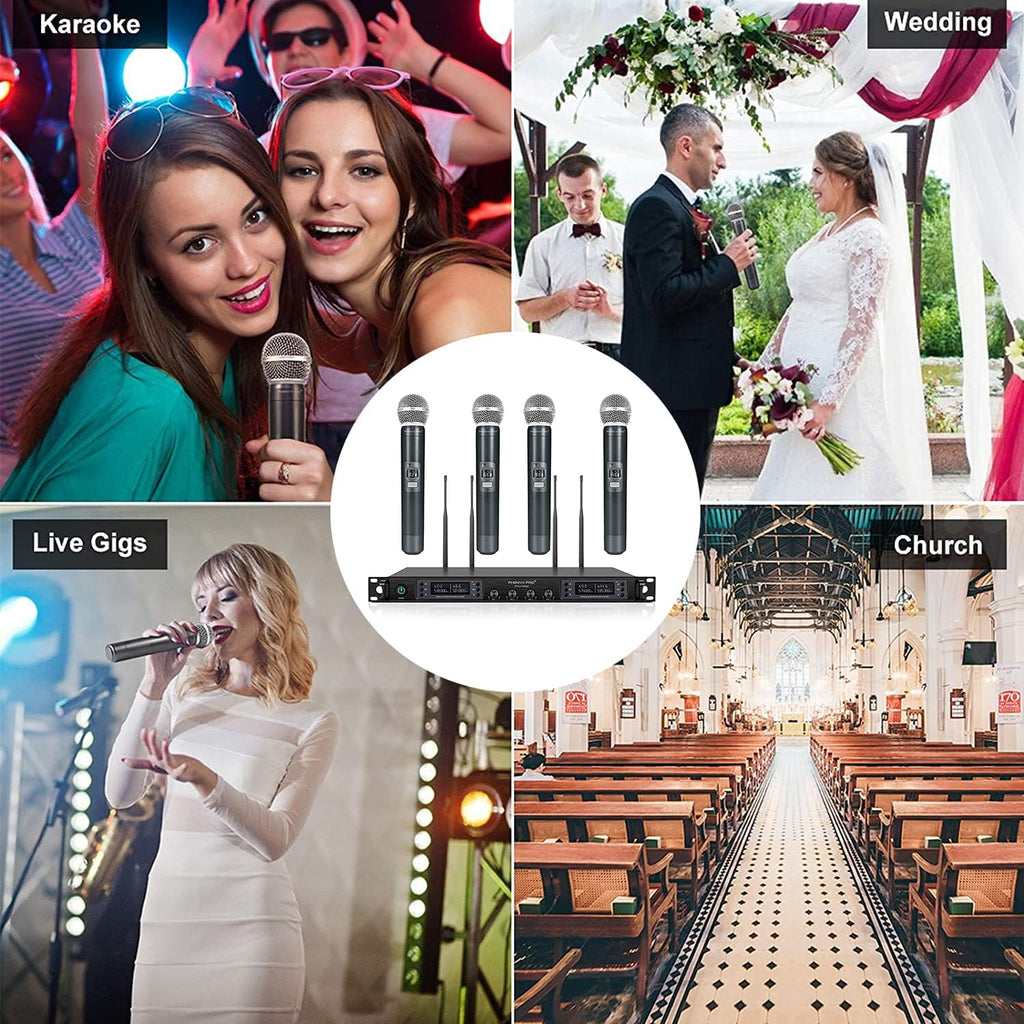 Wireless Microphone System, Phenyx Pro Quad Channel Cordless Mic Set with Metal Handheld Mics, 4x40 Channels, Auto Scan, Long Distance 328ft, Ideal for DJ, Church, Outdoor Events (PTU-7000A)