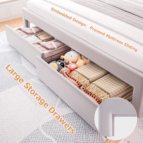 Twin Upholstered LED Bed Frame with Storage Drawer and Adjustable Chic Double Wavy Headboard, Velvet Princess Platform Bed for Kids/Girls, Solid Wood Slats Support, No Box Spring Needed, Beige