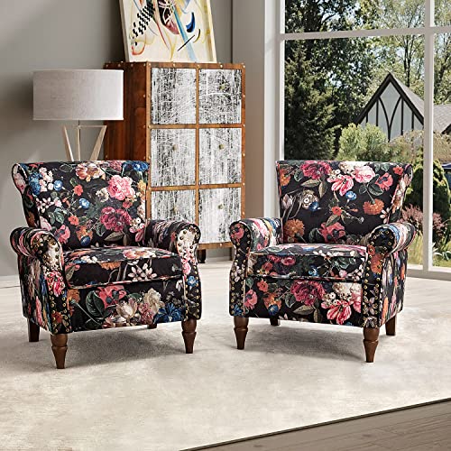 HULALA HOME Modern Wingback Accent Chair with Wood Legs & Removable Cushion, Comfy Upholstered Armchair with Nailhead Trim, Floral Pattern Single Sofa Chair for Living Room Bedroom, Blue