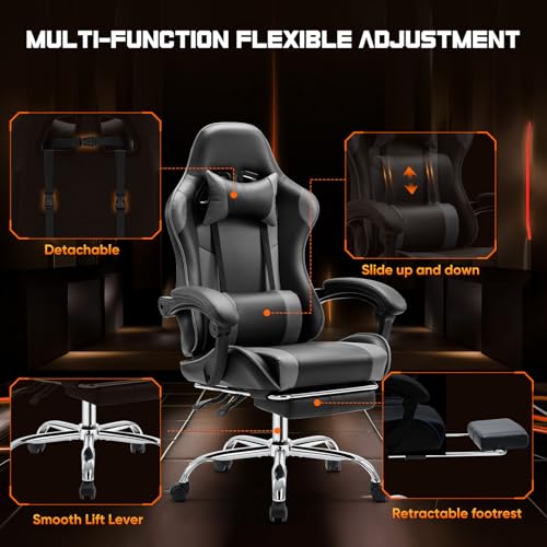 DUMOS Ergonomic Gaming Desk Chair - PU Leather Recliner with Footrest, Lumbar Support, Headrest, Fixed Armrests, Height Adjustable, 360?? Swivel, Grey, for Adults
