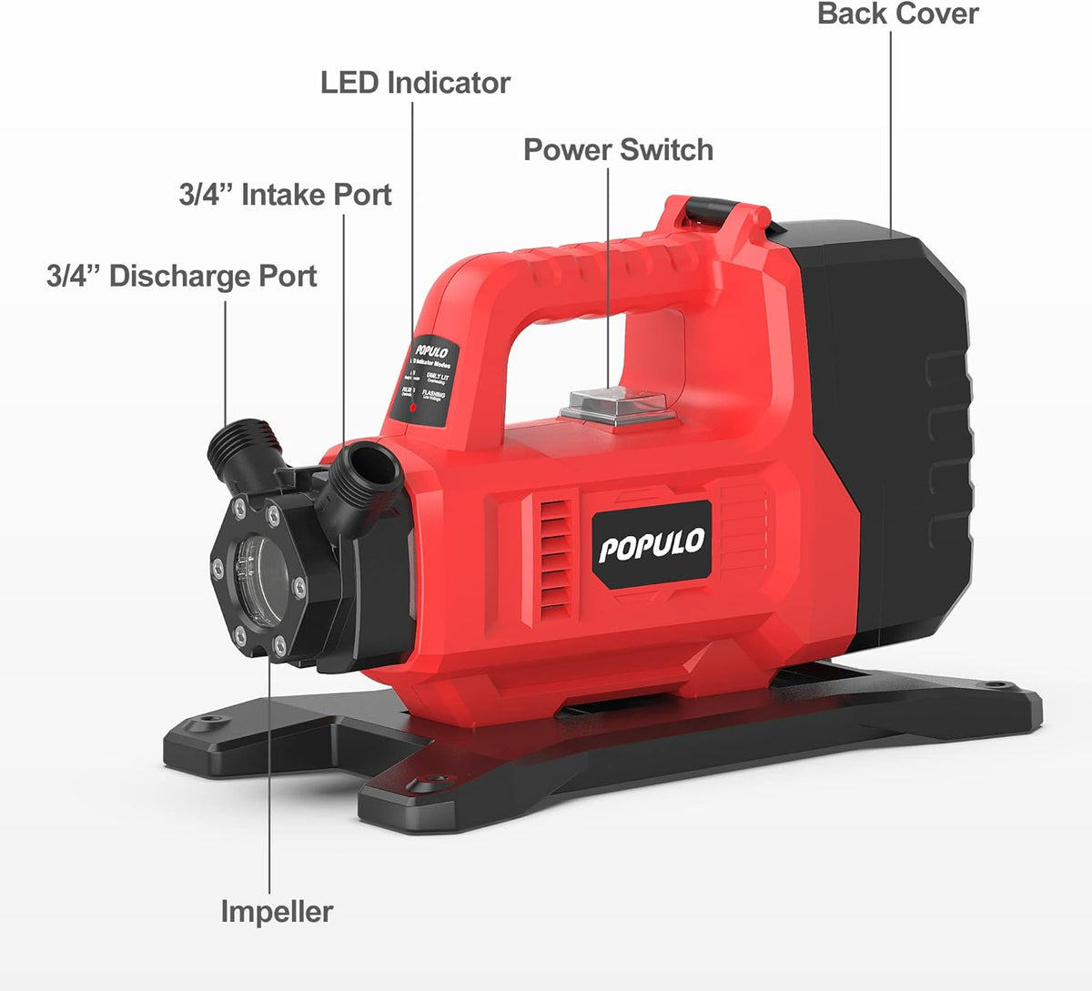 POPULO Hybrid Water Transfer Pump, 120VAC or 20VDC 4Ah 325GPH 45ft Portable Electric Utility Pump, Electric Cordless Water Pump for Home, Pool, RV with 3/4 Garden Hose Thread and Suction Filter