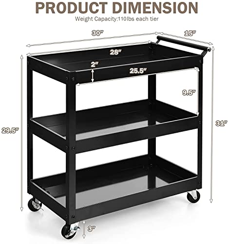 Goplus 3-Tier Utility Cart, Heavy Duty Commercial Service Tool Cart w/Lockable Wheels, 330lbs Load Capacity, Ergonomic Handle, Rolling Mechanic Tool Cart Storage Organizer for Warehouse Garage Black