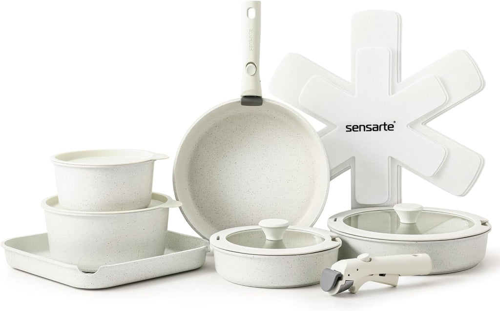 SENSARTE 17 Piece Ceramic Pots and Pans Set, Nonstick Detachable Handle Cookware, Induction Kitchen Cookware Set with Removable Handle, Dishwasher ?? Oven Safe (Gray)