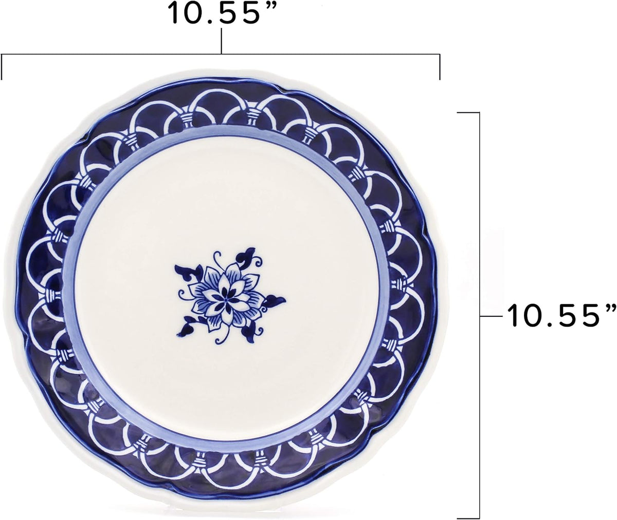 Euro Ceramica Blue Garden 16 Piece Oven Safe Hand Painted Stoneware Dinnerware Set, Service for 4, Bold Vase Design/Floral Pattern, White and blue